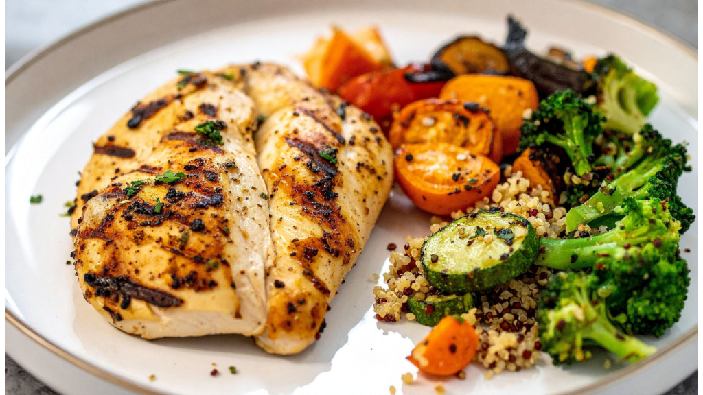 Plate with grilled chicken, quinoa, broccoli, zucchini, tomatoes, and roasted vegetables, used to illustrate how building a balanced plate supports steady blood sugar and healthy hormones.