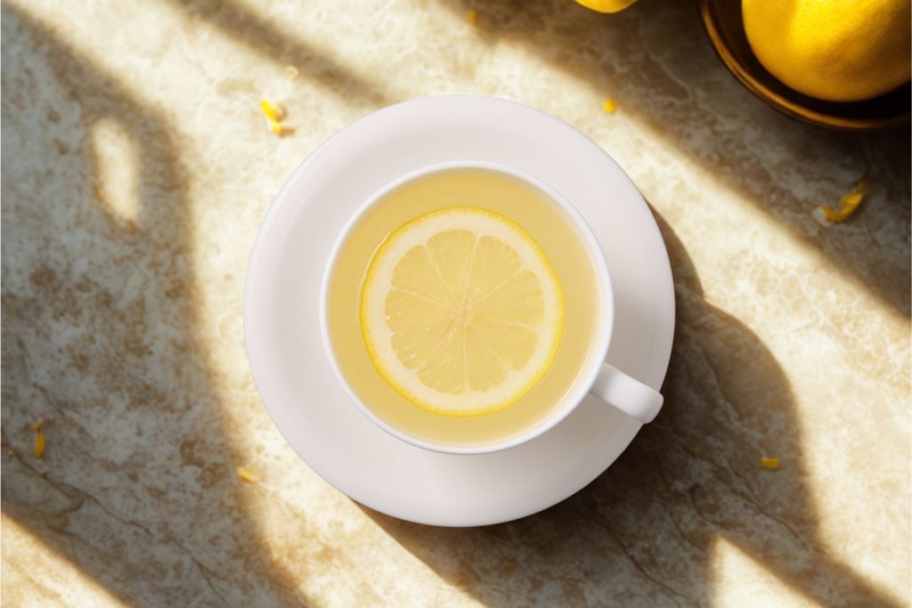 Cup of warm lemon water in morning sunlight representing a simple habit that supports gut health and hormone balance for women over 40