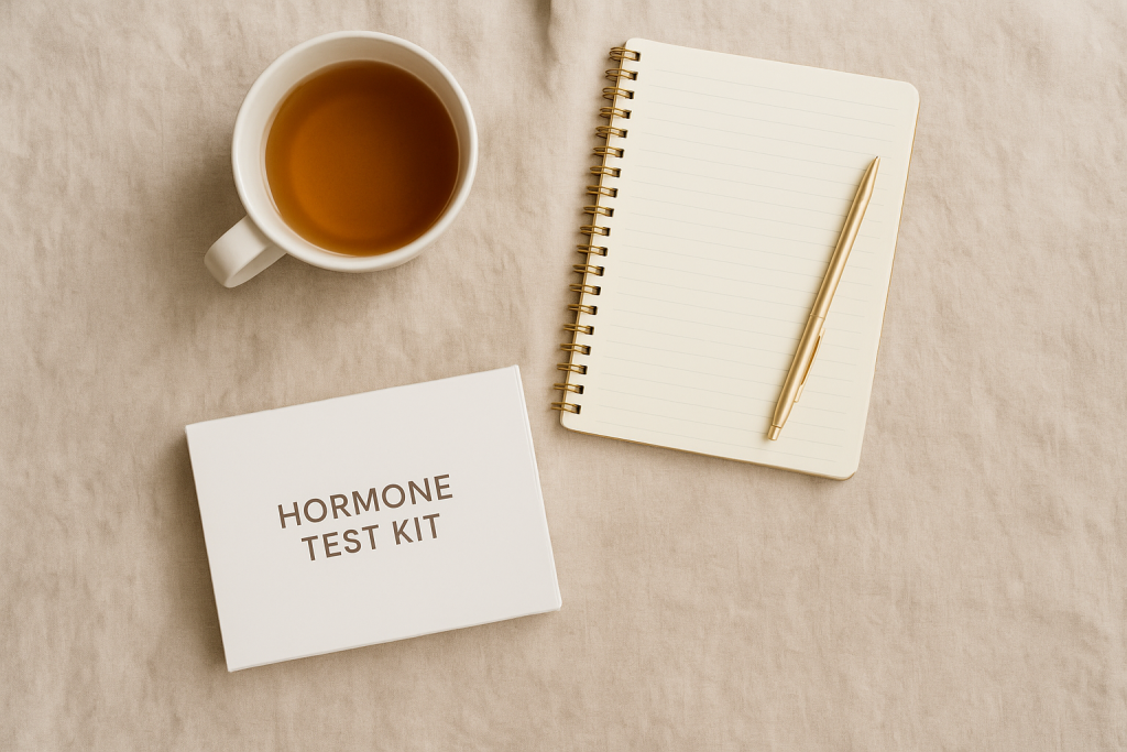 Flat lay of a woman’s morning setup with tea, notebook, and hormone test kit on neutral linen background — representing at-home hormone testing.