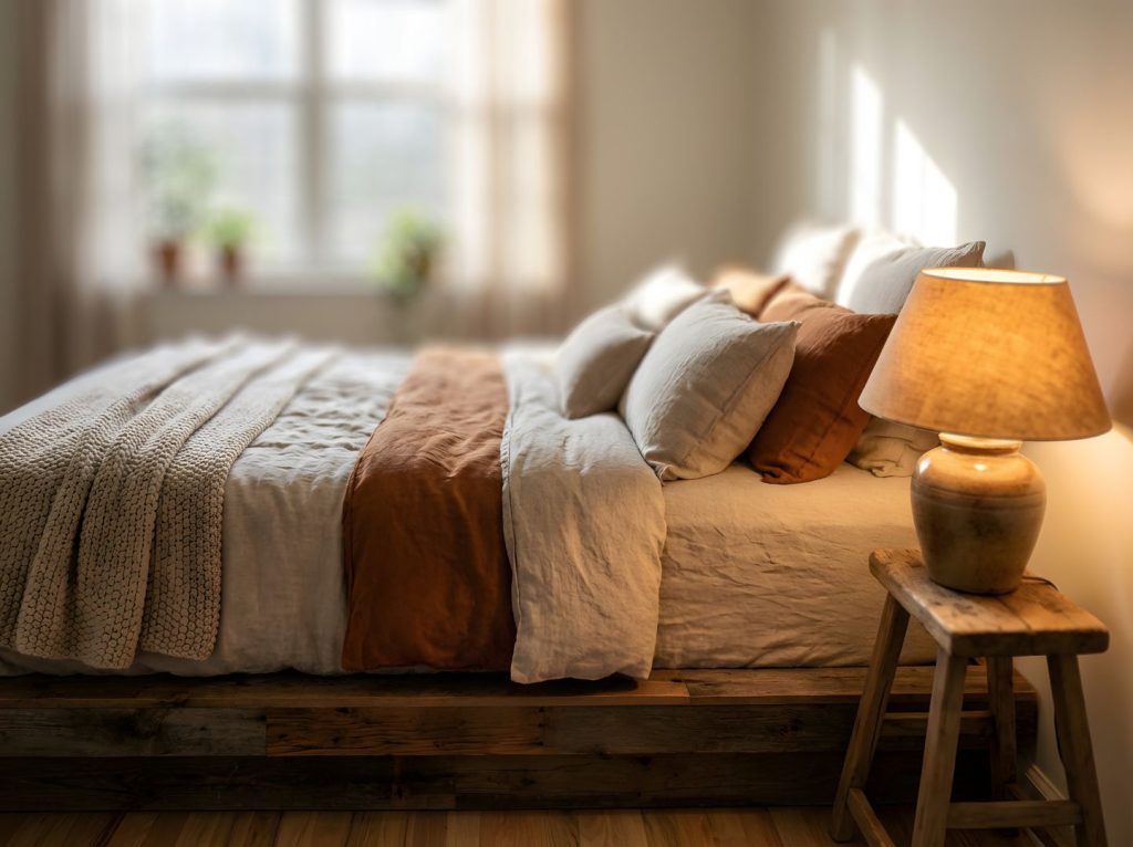 Calm bedroom with soft lamp lighting and neutral bedding, representing a relaxing evening environment that supports better sleep