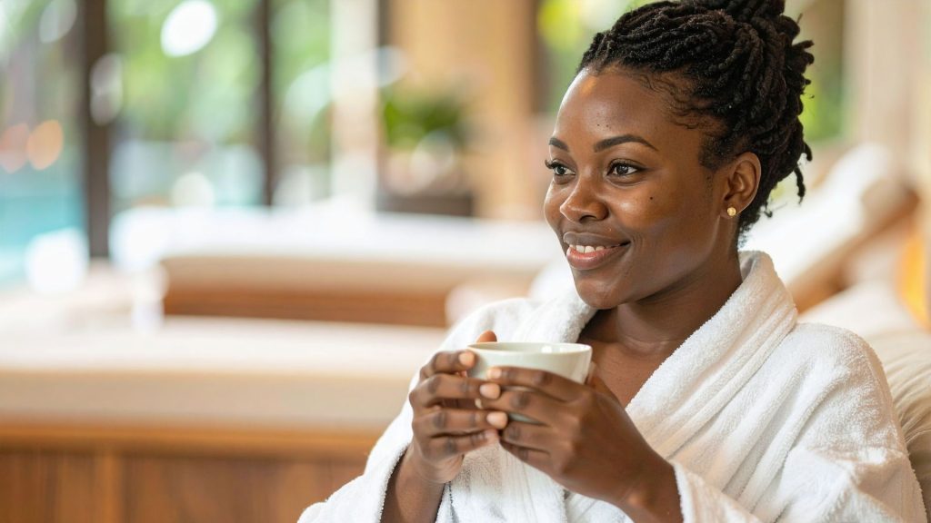 Woman over 40 relaxing with a warm drink, representing calm routines that support hormone imbalance in women over 40.
