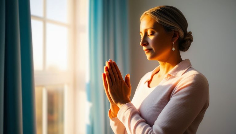 Woman over 40 meditating with hands together in warm window light, illustrating stress relief and how stress affects hormone balance.