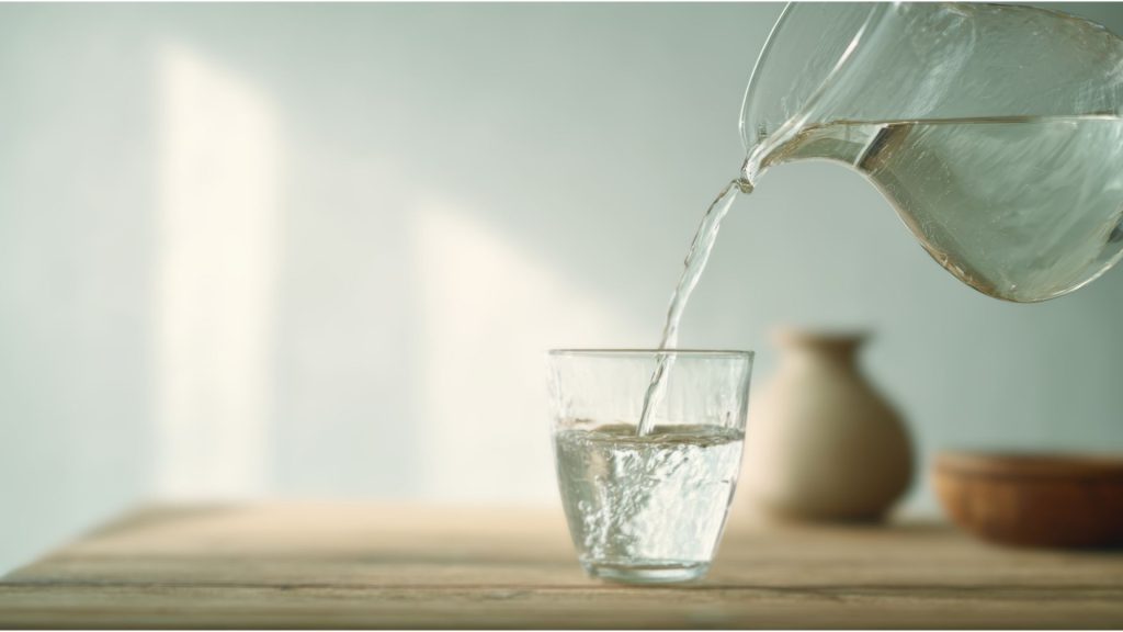 Glass of water being poured in natural light, representing simple daily habits like hydration that support cortisol balance and stress regulation after 40.