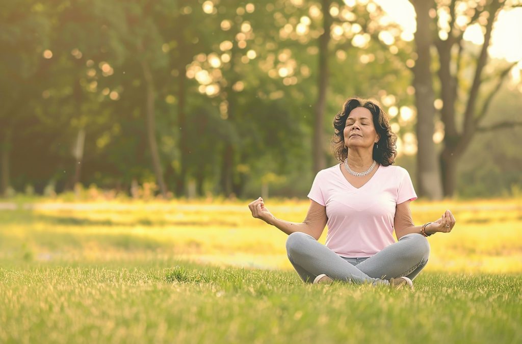 Woman over 50 meditating outdoors, supporting stress relief and hormone balance after menopause