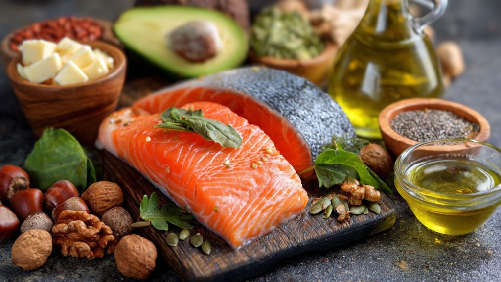 Salmon avocado nuts and olive oil foods that help support hormone balance and reduce mood swings naturally